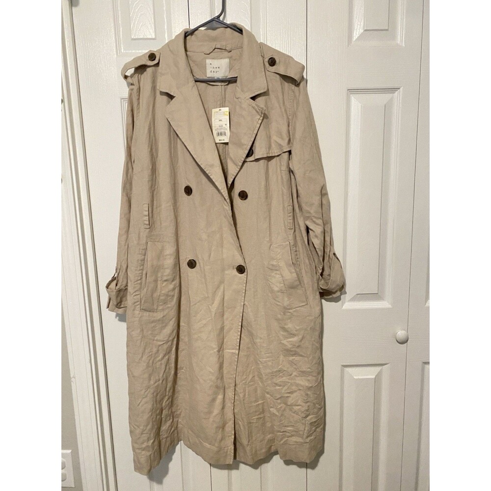 NWT A New Day Women's Button Up Linen Trench Coat Jacket Beige Size XXL. No Belt